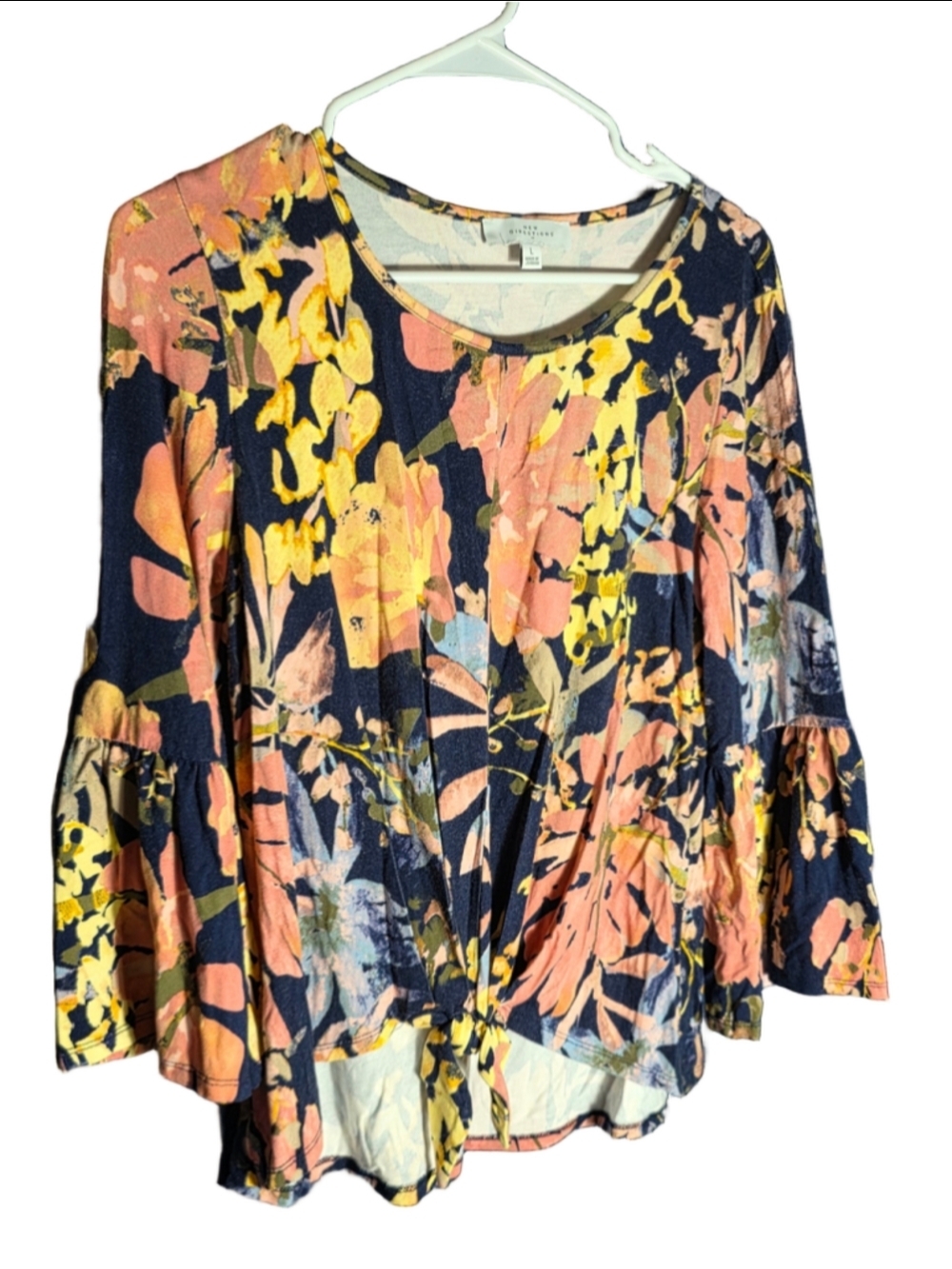 Women's New Directions Floral Blouse Size L navy Yellow Tie Front cottagecore